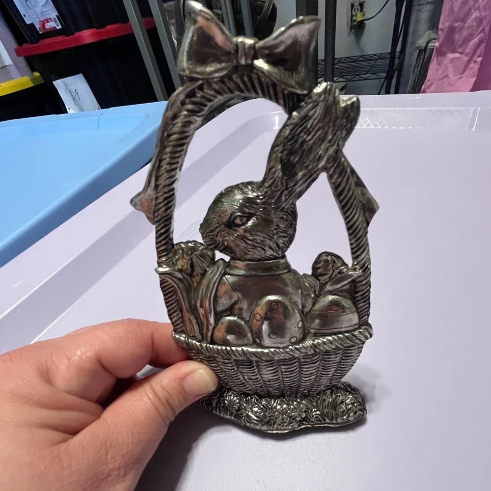 Vintage Silver Tone Metal Easter Bunny Basket Figurine Spring Decor 5.5 Inch